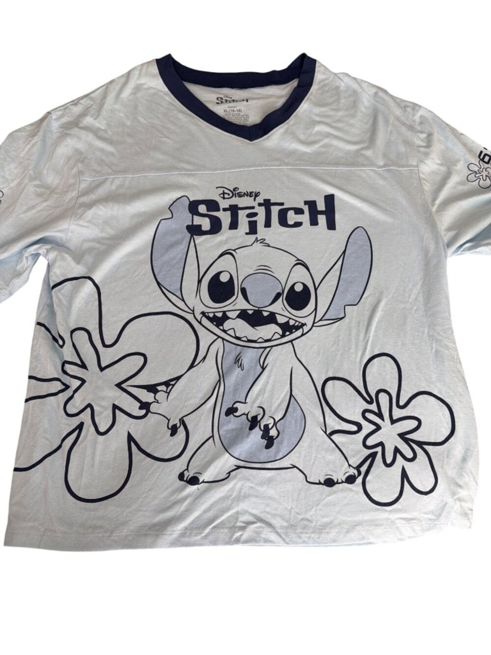 Disney Stitch Graphic V Neck T Shirt Light Blue Hawaii Plus Size XL 16/18
